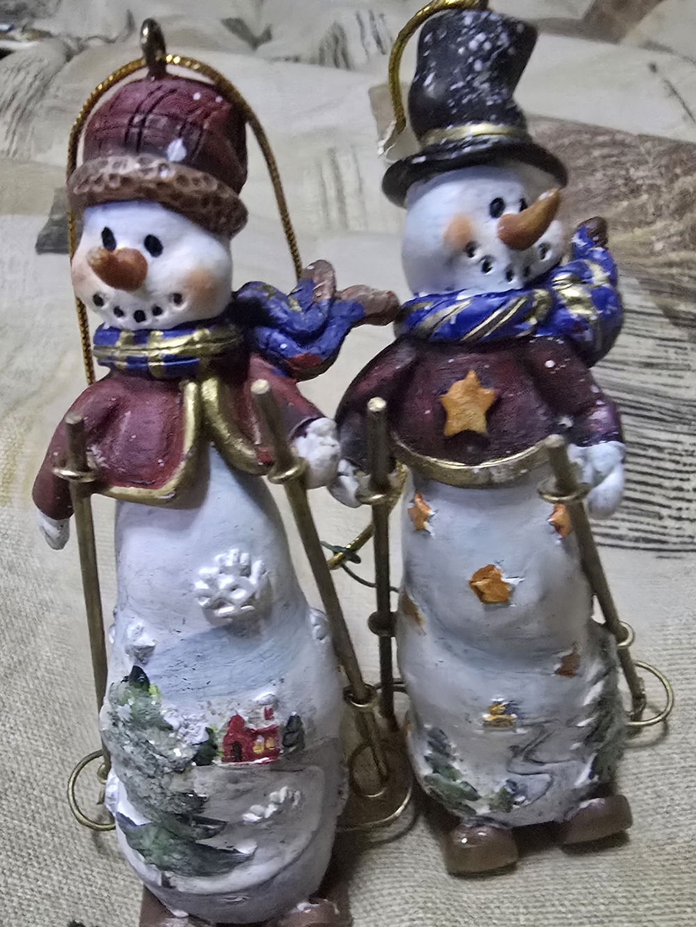 Vintage 4" Rustic Skiing Snowman Christmas Ornaments - Set of 2